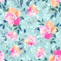 Feminine flower print on blue - seamless background Royalty Free Stock Photo