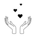 Feminine hands with hearts as symbol of love, beauty, care, magic, meditation, charity, faith, hope.