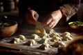 Feminine hands meticulously crafting manti, a traditional Asian fare. Generative AI