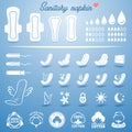 Feminine hygiene products white napkins, pads and tampons icon set