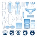 Feminine hygiene - sanitary napkins, pantyliners and tampons icon set.