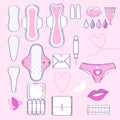 Feminine hygiene - sanitary napkins, pantyliners and tampons icon set.