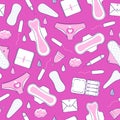 Feminine hygiene - sanitary napkins, pantyliners and tampons seamless pattern.