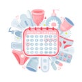 Feminine hygiene set in circle shape with menstrual cup, tampon, soap, panty, menstrual calendar etc.