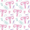 Feminine hygiene sketch. Seamless pattern with hand-drawn cartoon icons - pad, tampon, menstruation cup and womb or