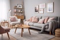 Feminine living room interior design in pink and grey, stylish modern nordic livingroom. generative ai