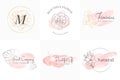 Feminine logos collection, hand drawn modern minimalistic and floral and watercolor badge templates for branding, identity,