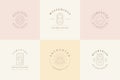 Feminine logos emblems design templates set with magic woman portraits vector illustrations minimal line art style Royalty Free Stock Photo