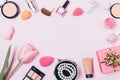 Feminine makeup products and gift box Royalty Free Stock Photo