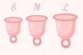 Feminine menstruation cup set. Different sizes of cups S, M, L. Womans menstrual care. Illustration of intimate hygiene products