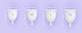 Feminine menstruation cup set. Different sizes of cups S, M, L, XL. Womans menstrual care. 3D realistic vector