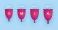 Feminine menstruation cup set. Different sizes of cups S, M, L, XL. Womans menstrual care. 3D realistic vector