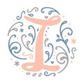 Feminine Monogram Design ` I ` letter alphabet - art nouveau style