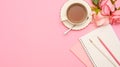 Feminine office desk workspace in pink background