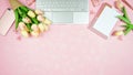 Feminine pink desktop workspace blog header overhead flat lay. Royalty Free Stock Photo