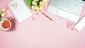 Feminine pink desktop workspace blog header overhead flat lay. Royalty Free Stock Photo