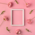 Feminine pink layout with white frame with space for text and rose blooms