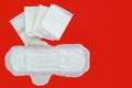 Feminine sanitary napkin, an absorbent item worn by a woman while menstruating, on red background Royalty Free Stock Photo