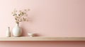 Feminine Shelf With Flowers And White Vases On Pastel Pink Wall