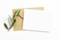 Feminine stationery, desktop mock-up scene. Blank greeting card and craft envelope with olive branch.White table