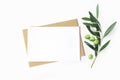 Feminine stationery, desktop mock-up scene. Blank horizontal greeting card and craft envelope with olive branch.White