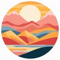 Feminine Sticker Art: Bold Sunset Landscape Mountain In Romantic Riverscapes