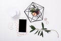 feminine tabletop flatlay with smartphone mock-up Royalty Free Stock Photo