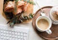 Feminine tabletop, home office with flowers