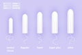 Feminine tampons set. Different sizes of cotton swabs. Woman menstrual care. 3D realistic vector illustration of