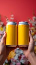 Feminine touch Hands hold blank cans against a vibrant, textured yellow setting