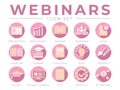 Feminine Webinar Icon Set for Women. Presentation, Development, Webinars, Networking, Teamwork, Guide, Literature, Learning,