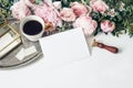 Feminine wedding, birthday composition. Pink peonies, roses flowers, eucalyptus, coffee cup on silver tray. Golden box