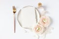 Feminine wedding, birthday desktop mock-up scene. Porcelain plate, blank craft paper card, silk ribbon, blush pink