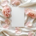 Feminine wedding, birthday mock-up scene. Blank paper greeting card. Pink floral background. Royalty Free Stock Photo