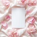 Feminine wedding, birthday mock-up scene. Blank paper greeting card. Pink floral background. Royalty Free Stock Photo