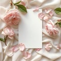 Feminine wedding, birthday mock-up scene. Blank paper greeting card. Pink floral background. Royalty Free Stock Photo