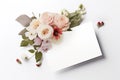 Feminine wedding, birthday mockup scene. Greeting card from a blank slate. Floral arrangement of pink English roses. White