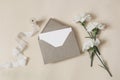 Feminine wedding, birthday stationery composition. Blank greeting card, invitation mockup with craft envelope. White Royalty Free Stock Photo