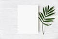 Feminine wedding stationery mock-up, desk scene. Blank greeting card and green palm leaf on white shabby table Royalty Free Stock Photo