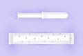 Feminine white tampon with white thread. Menstruation days. Tampon in plastic pack, swab with applicator. Woman