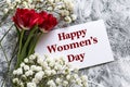 Feminine women s day grating card design with happy women s day text on white backdrop