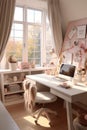 feminine workspace with laptop and stationery