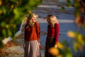Femininity and tenderness. Women walking in autumn park. Pleated skirt fashion trend. Friends girls. Autumn stylish