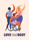 Feminism body positive cards, posters, banners, cover with love to own figure, female freedom girl power isolated vector