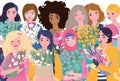 Feminism character women, individuals different nationalities, cultures, beliefs, flat vector illustration. Female proud