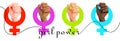 Feminism flat symbol with woman`s hands of different race: african, asian with fist raised up. Female gender power