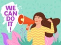 Feminism, girl power, International Women`s Day concept. Cute girl making announcement through a megaphone.