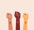 Feminism illustration, women raised their fists, fight for women`s rights, people of different races together