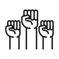 Feminism movement icon, fists raised up, female rights pictogram line style