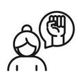 Feminism movement icon, woman raised hand power, female rights pictogram line style